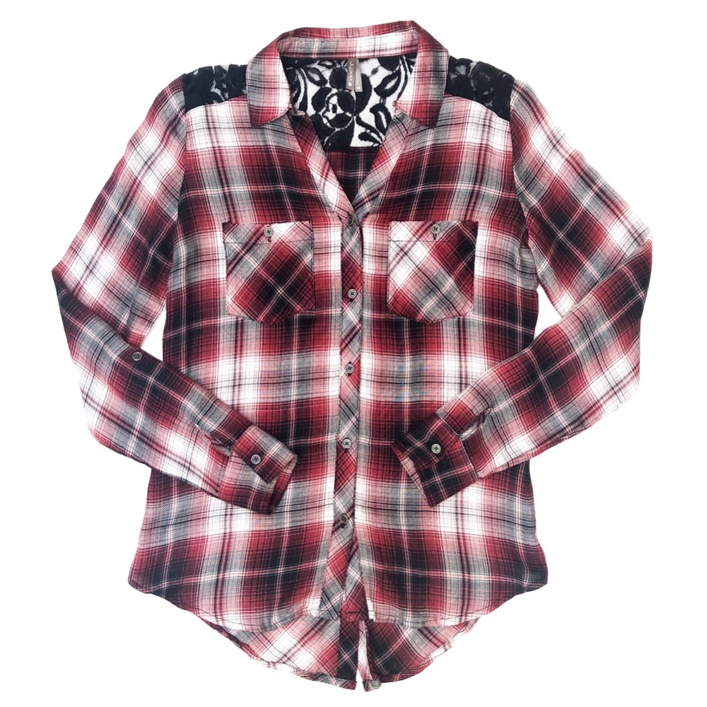 BKE Red&Black Lace and Plaid Long Sleeve Shirt XS